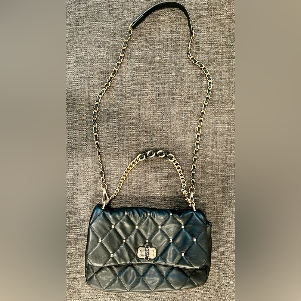 Badgley Mischka black quilted top handle bag with studs